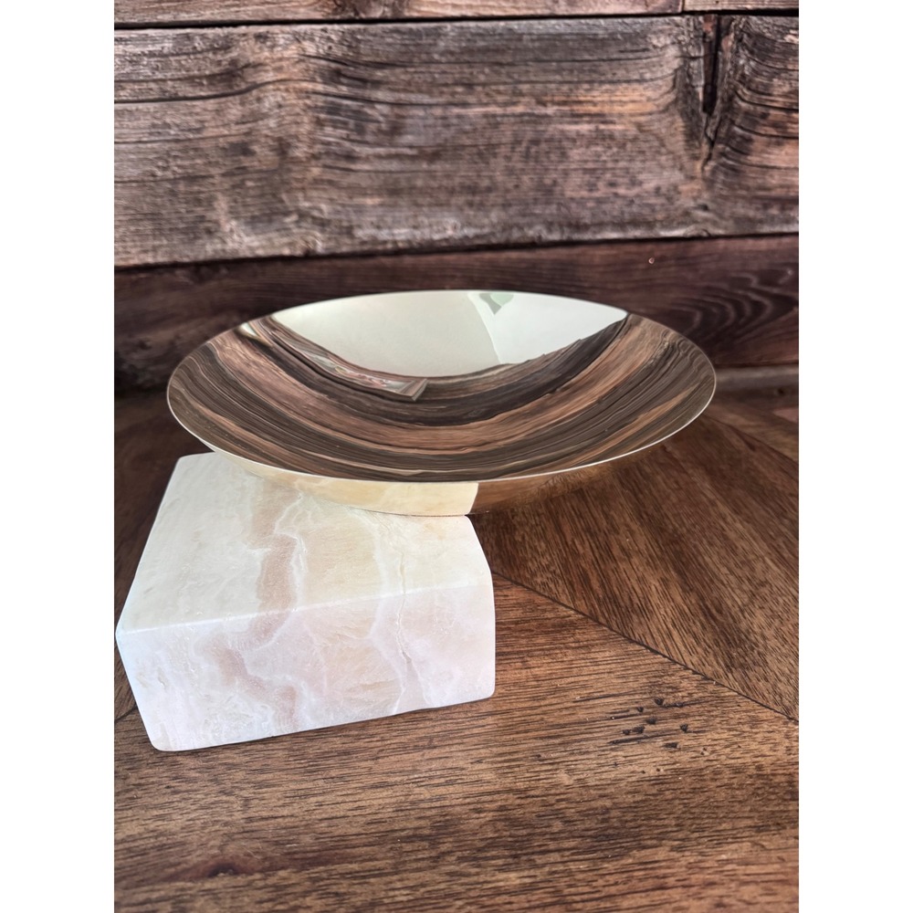 CB2 Akri Low Serving Bowl Goncalo Campos Brass Stainless Steel Marble Base 12in